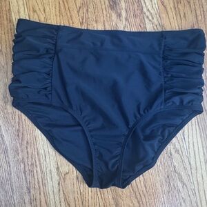 Kona Sol Black Ruched High-Waisted Bikini Bottoms